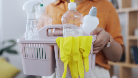 Cleaning,-supplies-basket-and-woman-hands