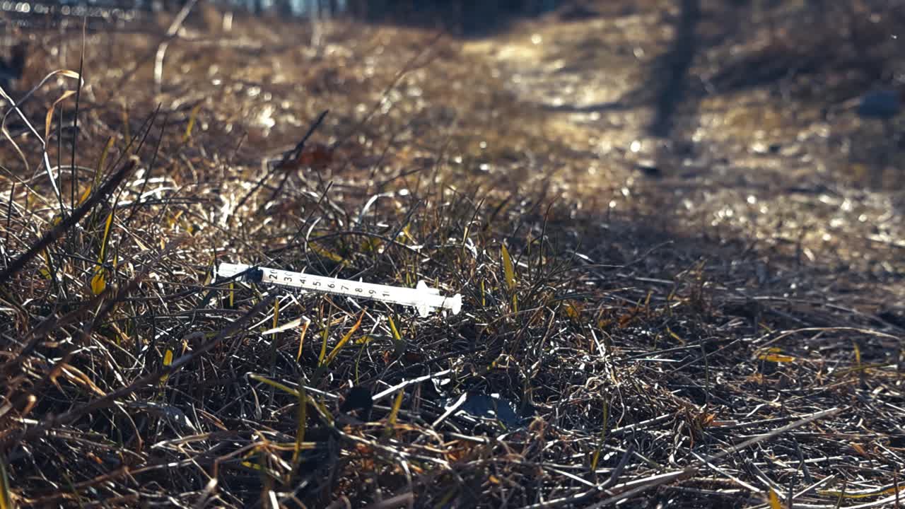 Zużyta igła podskórna porzucona w suchej trawie w słoneczny dzień, symbolizująca uzależnienie od narkotyków, nadużywanie substancji oraz kryzys zdrowia publicznego związany z dożylnym zażywaniem narkotyków i zanieczyszczeniem.