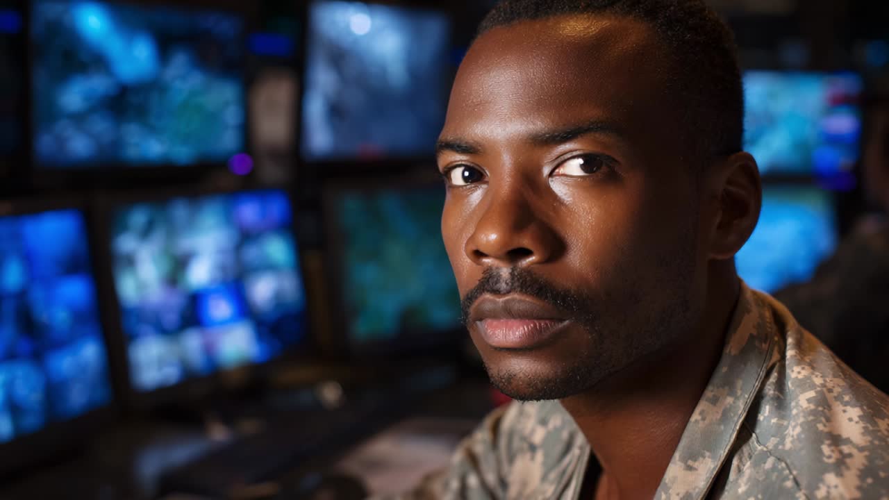 Un opérateur militaire concentré effectue des tâches de surveillance, surveillant attentivement plusieurs écrans affichant des données critiques, mettant en évidence l’importance de la technologie et de la précision dans les opérations et la stratégie militaires.