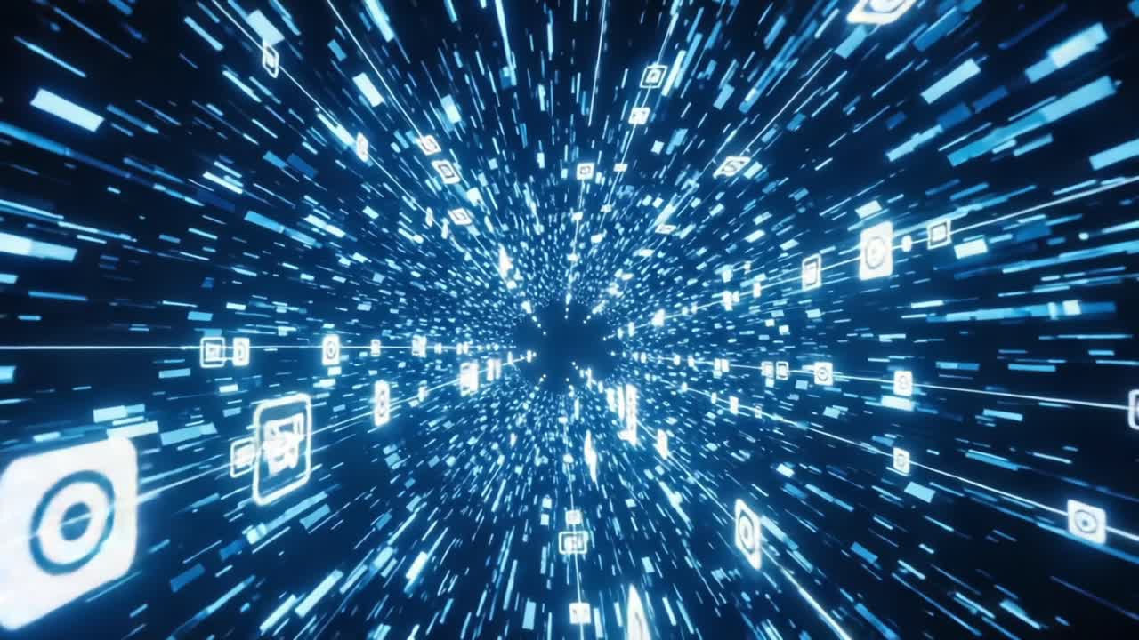 Exploring the Digital Universe: A Stunning Visual Journey Through a Futuristic Tunnel of Streaming Icons and Data Points in Vivid Blue and White Light