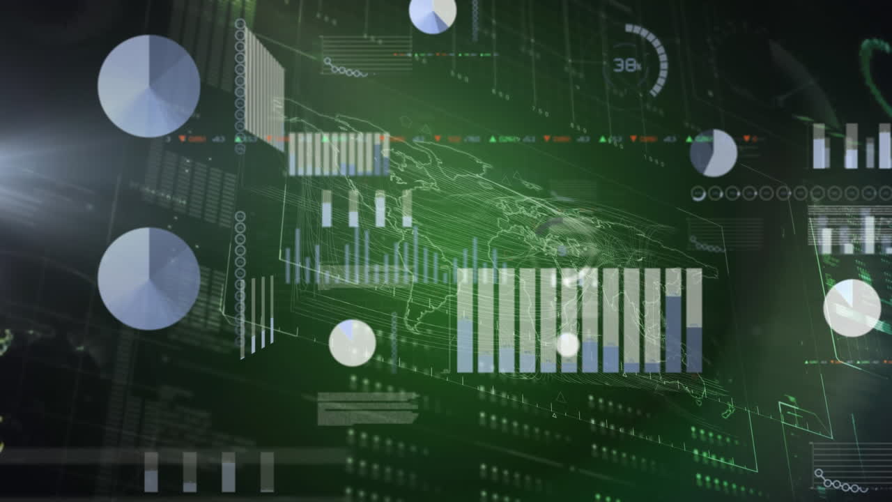 Animation of graph, loading circles, bars, changing numbers, globe and map against green background
