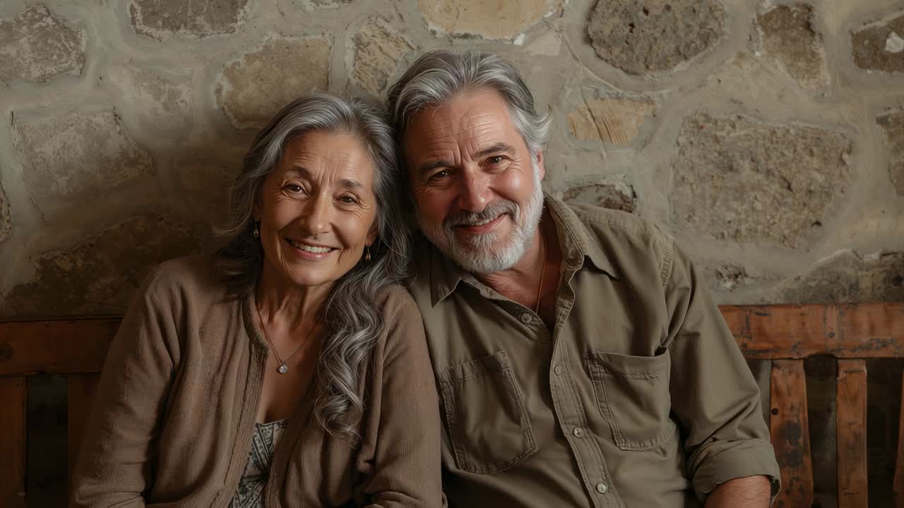 Clip iniziale con persone anziane che si avvicinano e sorridono su una panchina, che mostra un ciondolo e un legame