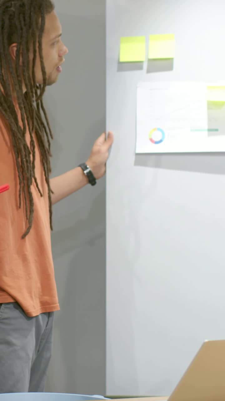 Vertical video: Tapping woman in pink using tablet following man pointing with red marker at charts