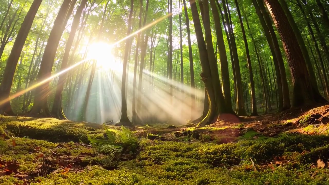 Raios de Sol Mágicos Atravessando a Copa Verde da Floresta