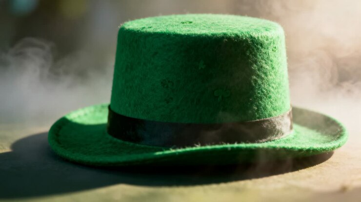 Glowing green felt hat emitting soft steam on wood surface as sunlight warming and steam drifting