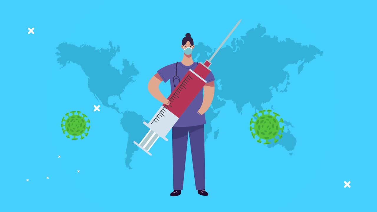 female surgeon with vaccine and covid19 particles in earth planet