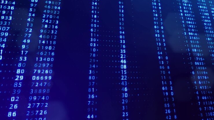 Sfondo 3D in loop, concetto di elaborazione dati digitali, calcolo e visualizzazione computazionale. Contatori numerici in file di linee su un piano. Sfondo digitale blu con numeri. Sfondo fantascientifico.