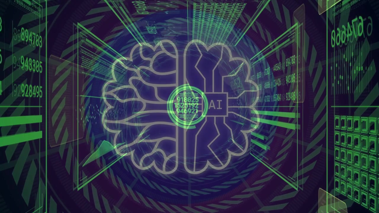 Pulsing center reticle spawning AI brain expanding circuit form panels dimming showing network data