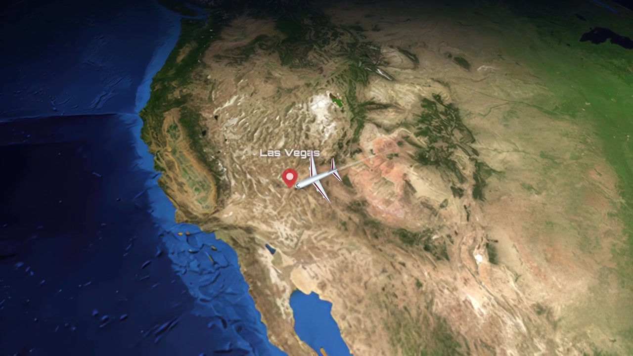 Satellite view animation follows a commercial airplane flying across North America between two major cities