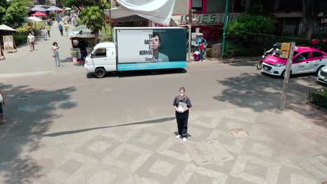 drone shot above marketing promotion truck of drama series the good doctor