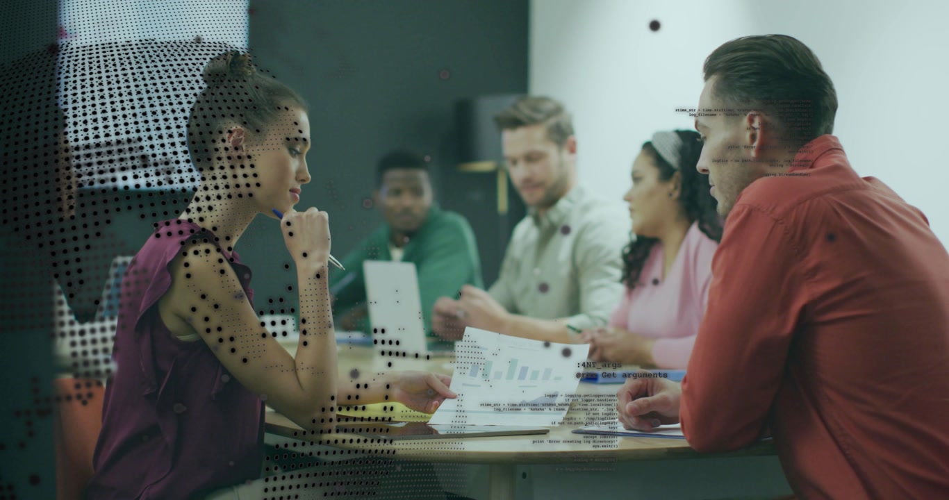 female member entering offering pen exchanging finance charts under transparent world map overlay