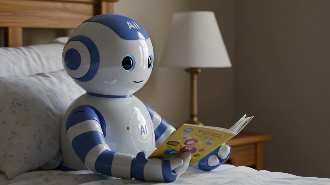 Un Robot Amichevole Intento a Leggere, Evidenziando l'Intersezione tra Intelligenza Artificiale e Vita Quotidiana in un'Accogliente Ambientazione da Camera da Letto