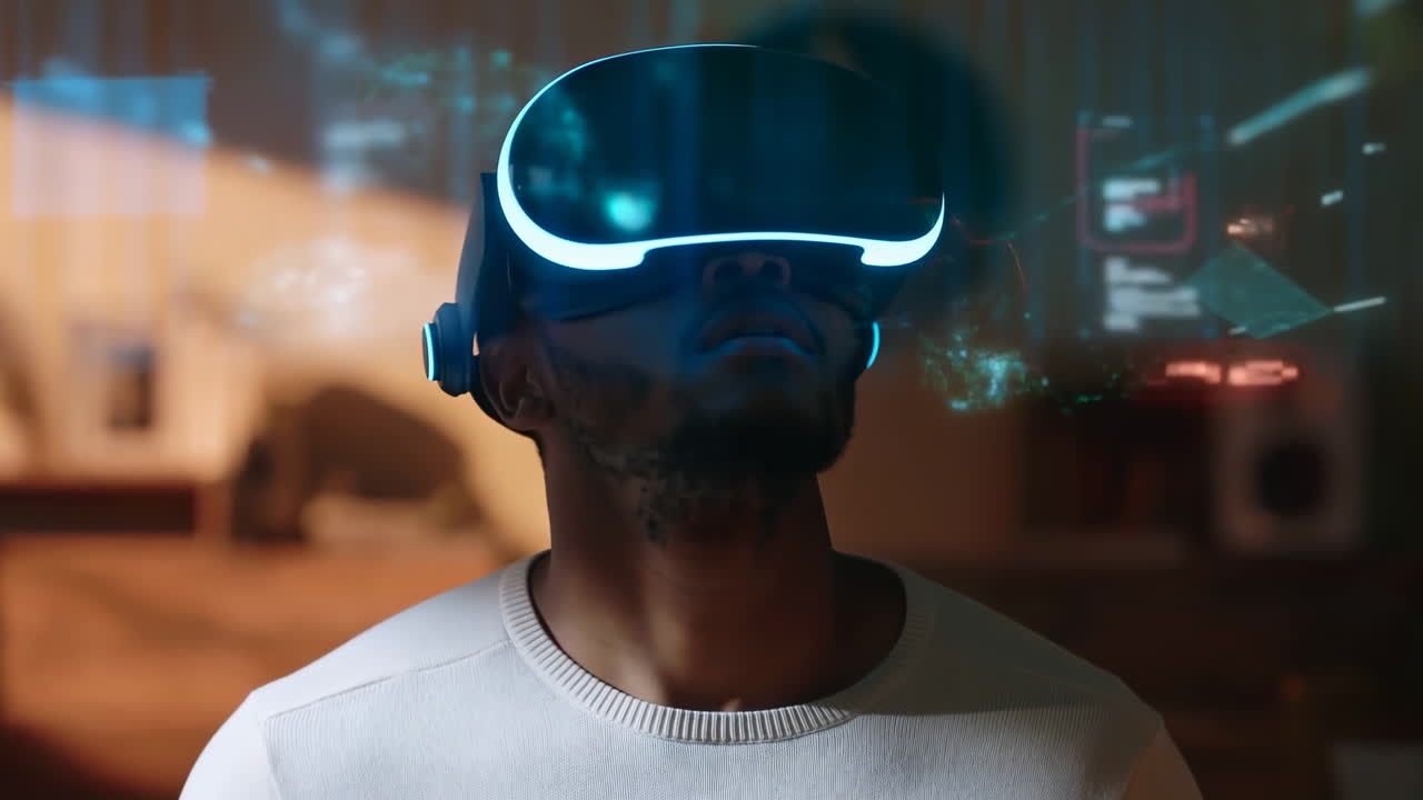Uomo nero che indossa un visore VR esplora un'interfaccia immersiva, dati olografici ed elementi UI traslucidi fluttuano