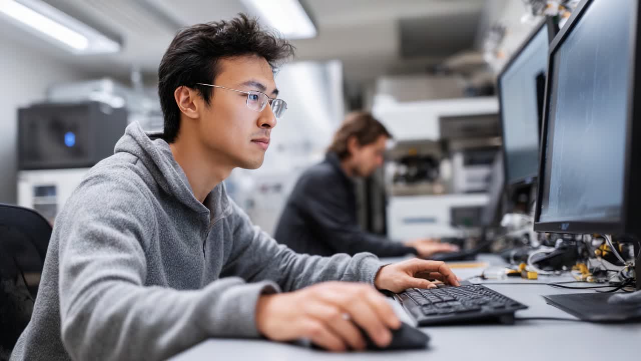 Focused individual working on advanced technology at a computer station, showcasing a diligent approach to programming and problem-solving in a modern workspace