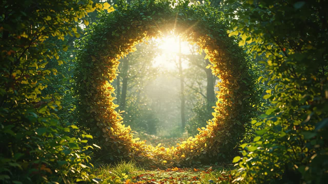 Enchanting Forest Portal Surrounded by Lush Greenery, Bathed in Golden Sunlight, Inviting Exploration and Discovery in a Serene Nature Setting