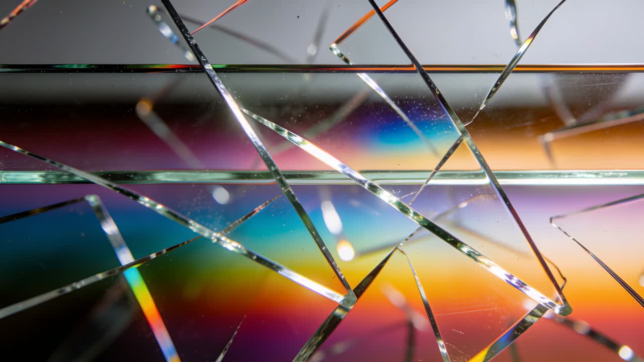 Luce in movimento che attraversa un vetro frantumato con sottili supporti in uno studio, creando iridescenze arcobaleno.