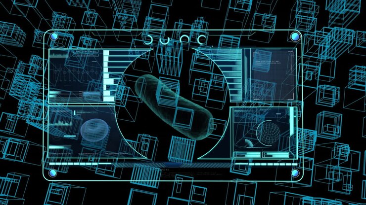 Animation of data processing over digital city on black background