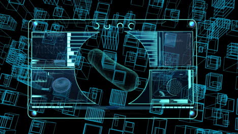 animation of data processing over digital city on black background