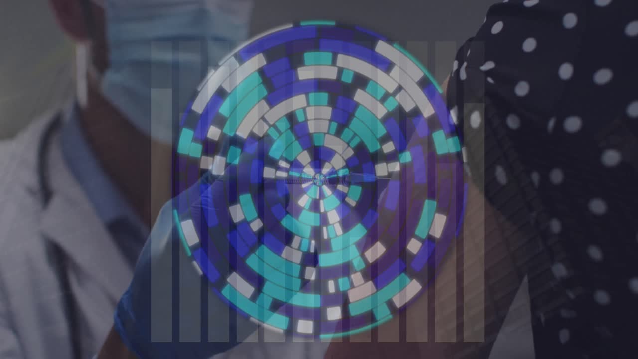 환자와 함께 백인 남성 의사에 대한 데이터 처리 애니메이션