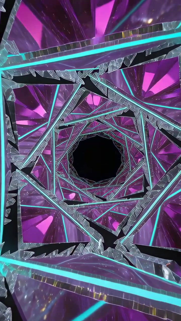 Vertical video: Spiraling tunnel drawing camera inward in CGI, showing purple panels and black void
