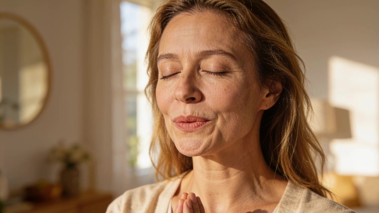 Donna con un top chiaro che respira, con le mani giunte al petto vicino a una finestra illuminata dal sole, la luce del sole che ispira la preghiera.