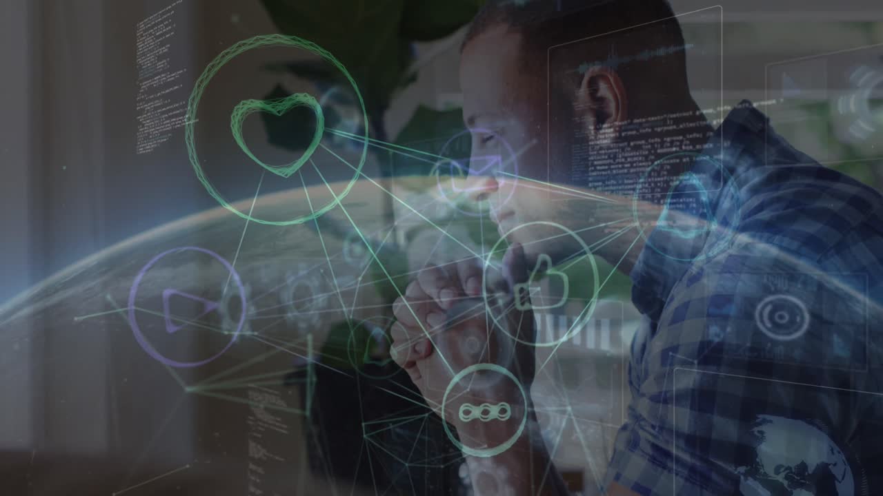 animación de iconos, globo terráqueo y lenguaje de programación sobre el hombre afroamericano pensativo