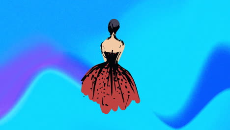 animation of fashion drawing of woman in evening dress on blue background