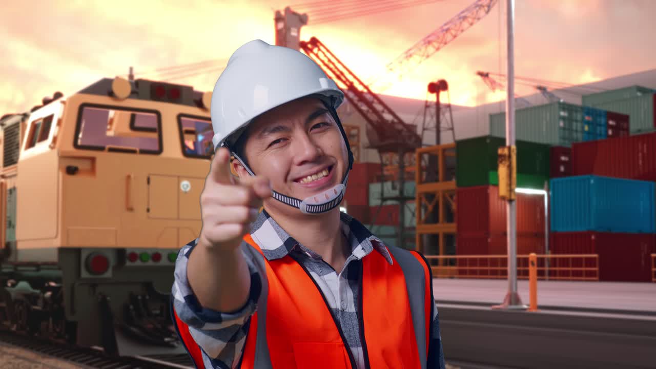 Close Up Of Asian Male Engineer With Safety Helmet Smiling And Touching His Chest Then Pointing At You While Standing With Freight Cargo Train At Port