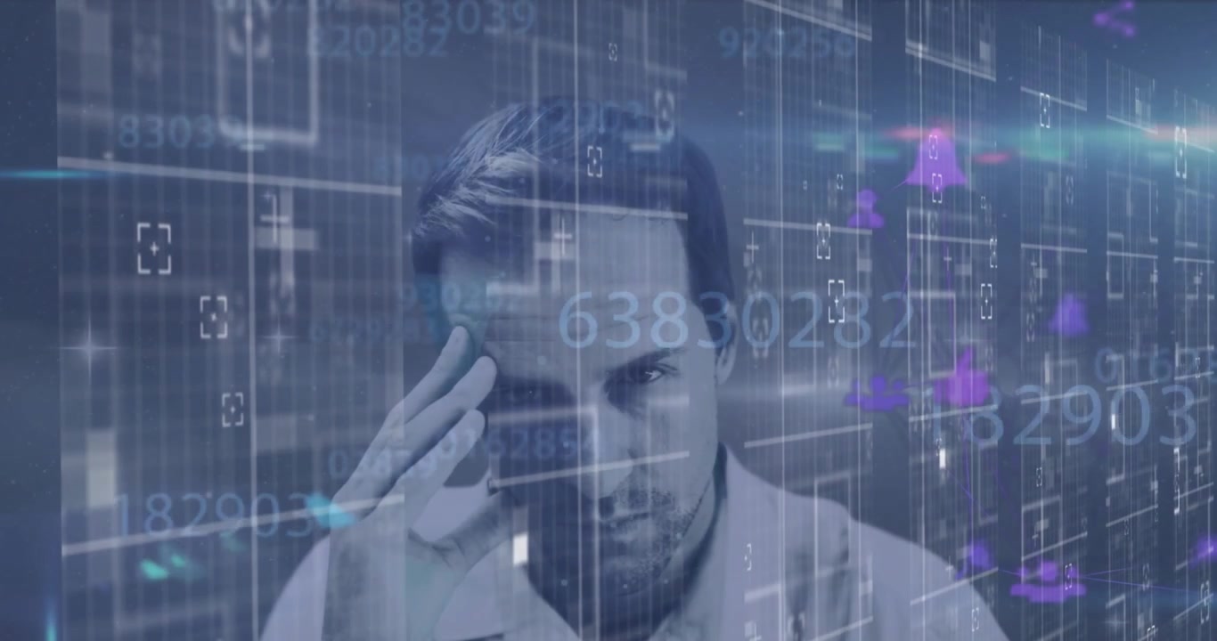Animation of icons and data processing over worried businessman