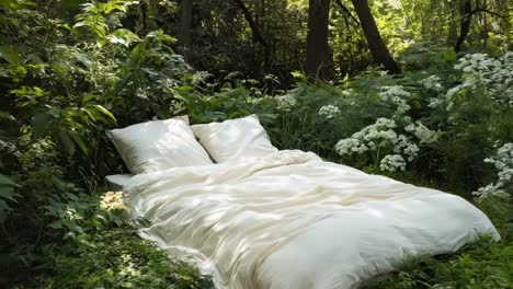 a bed in the middle of a lush green forest