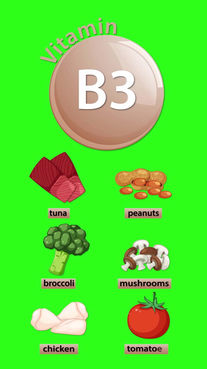 Appare l'icona della Vitamina B3, seguita da fonti alimentari sane animate con etichette chiare e in grassetto