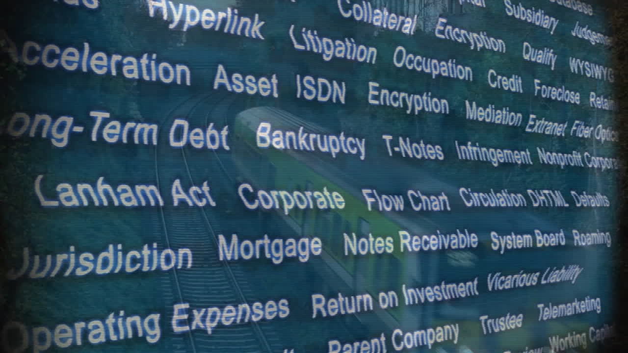 Legal and financial terms animation over blue background with various keywords