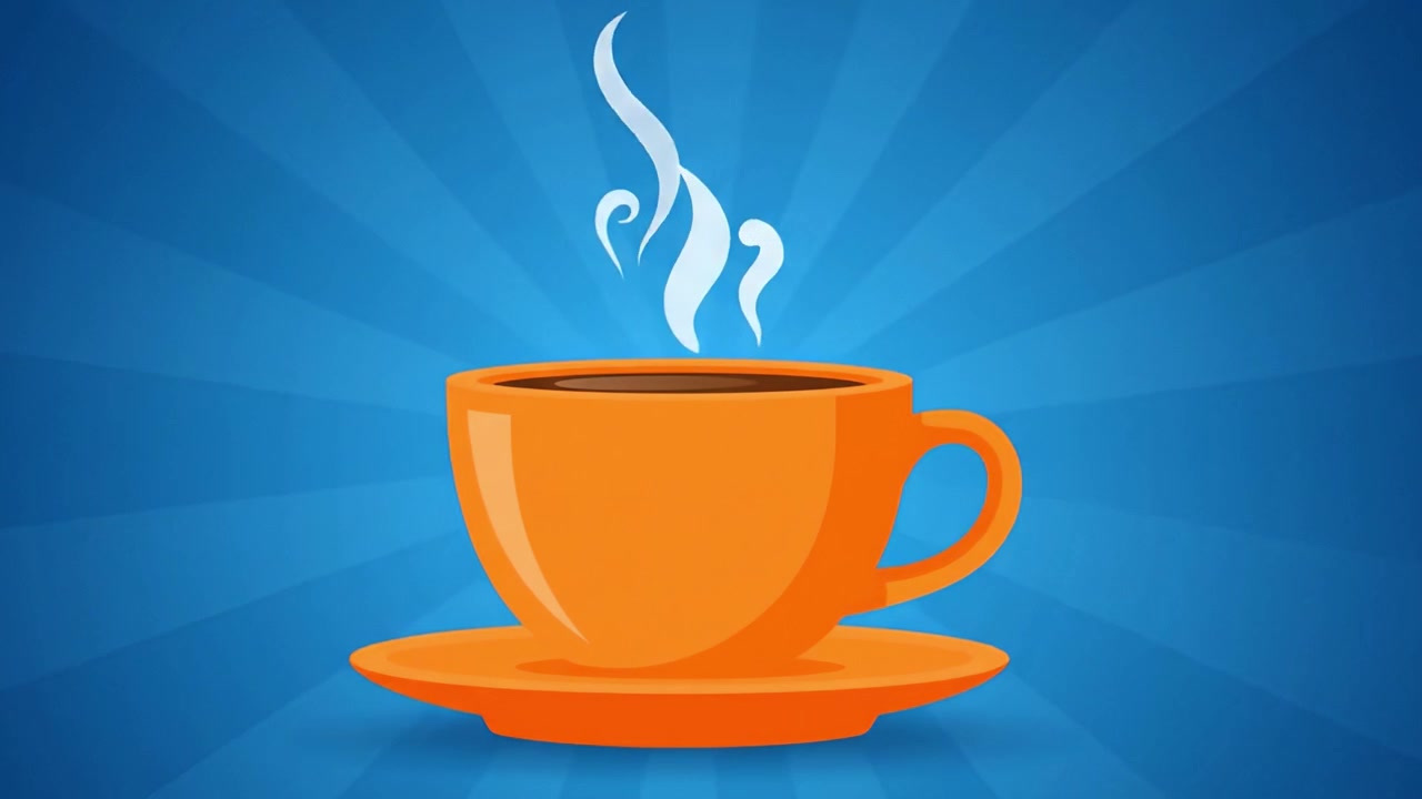 Una deliziosa tazza di caffè arancione circondata da vivaci raggi blu, che mostra il calore del caffè appena preparato con vapore che sale delicatamente dalla superficie.
