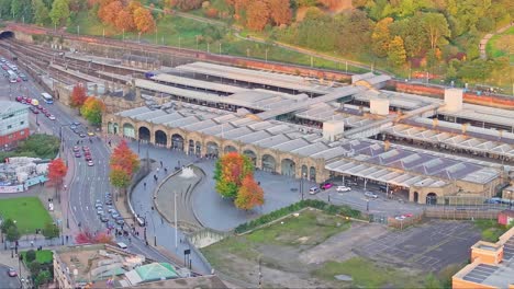 aerial view sheffield train station and tram stop in yorkshire in england