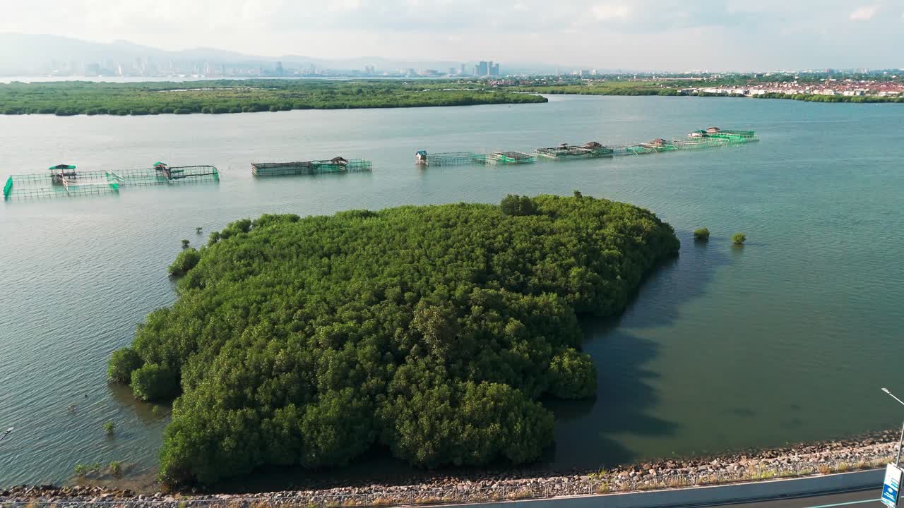 4K cinematic aerial drone shot of a coastal highway beside lush mangrove forests and fish pens in Cebu, Philippines. Perfect for travel, tourism, environment,infrastructure, and sustainability project