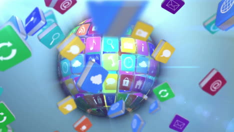 animación del globo de los iconos de los medios sobre los senderos de luz