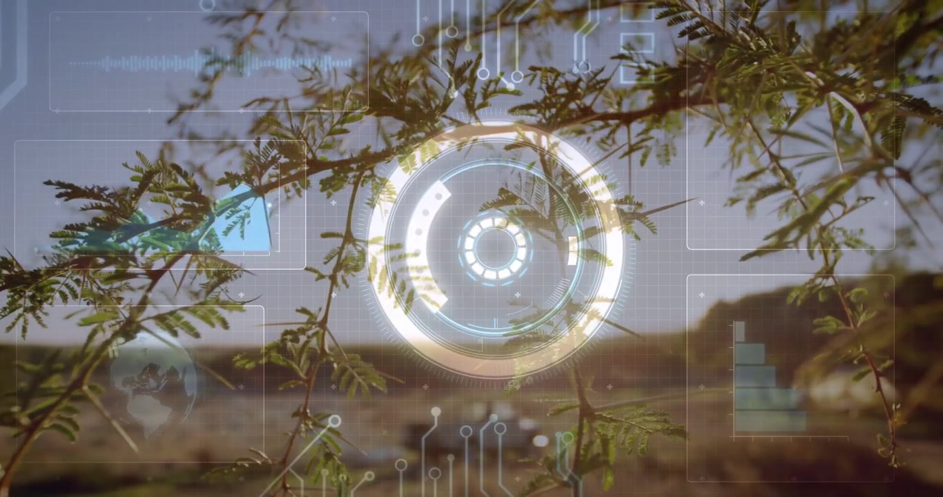 Vertical video: HUD initializing pulsing and scanning terrain for tech maps while branches swaying