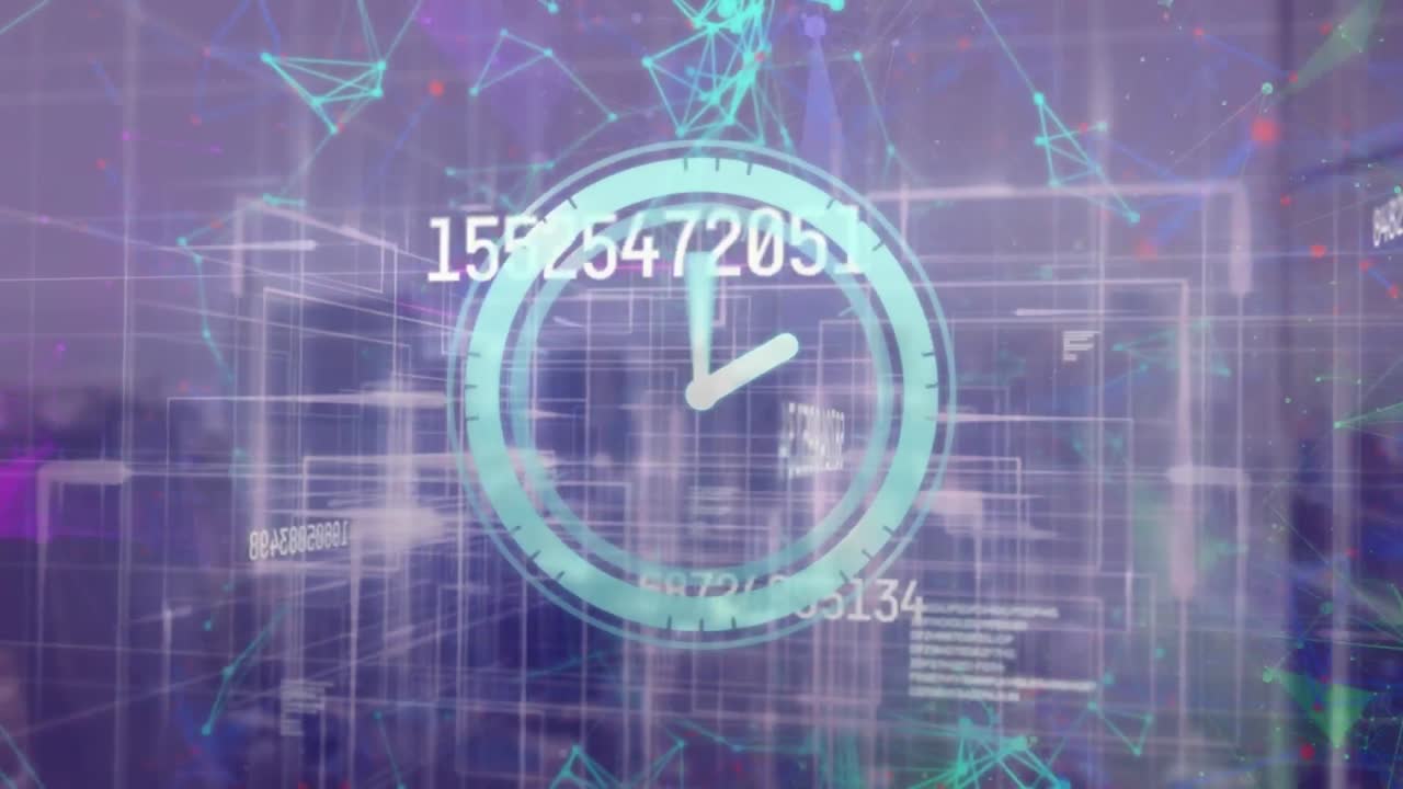 Animazione di orologio al neon che ticchetta e numeri che cambiano su reti a plexo e scie luminose