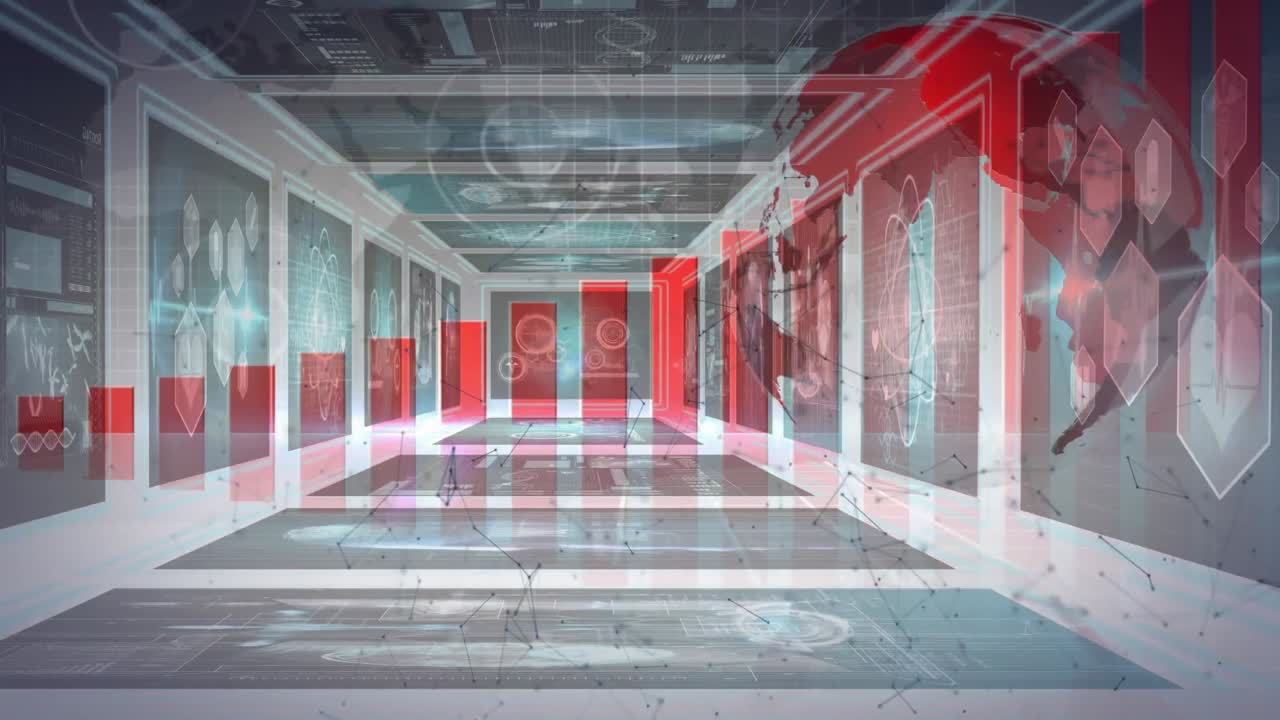 화면에서 데이터 처리를 통해 지구와 연결 네트워크의 애니메이션