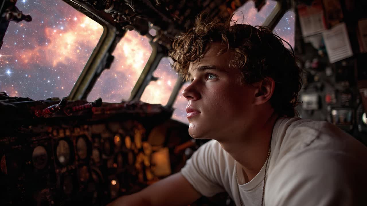 A Dreamer Gazing into the Cosmic Abyss: Young Soul Contemplating the Infinite Space from the Cockpit of a Vintage Aircraft, Merging Reality and Imagination