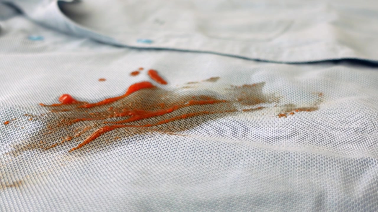 Detail skvrny od červené omáčky na bílé košili