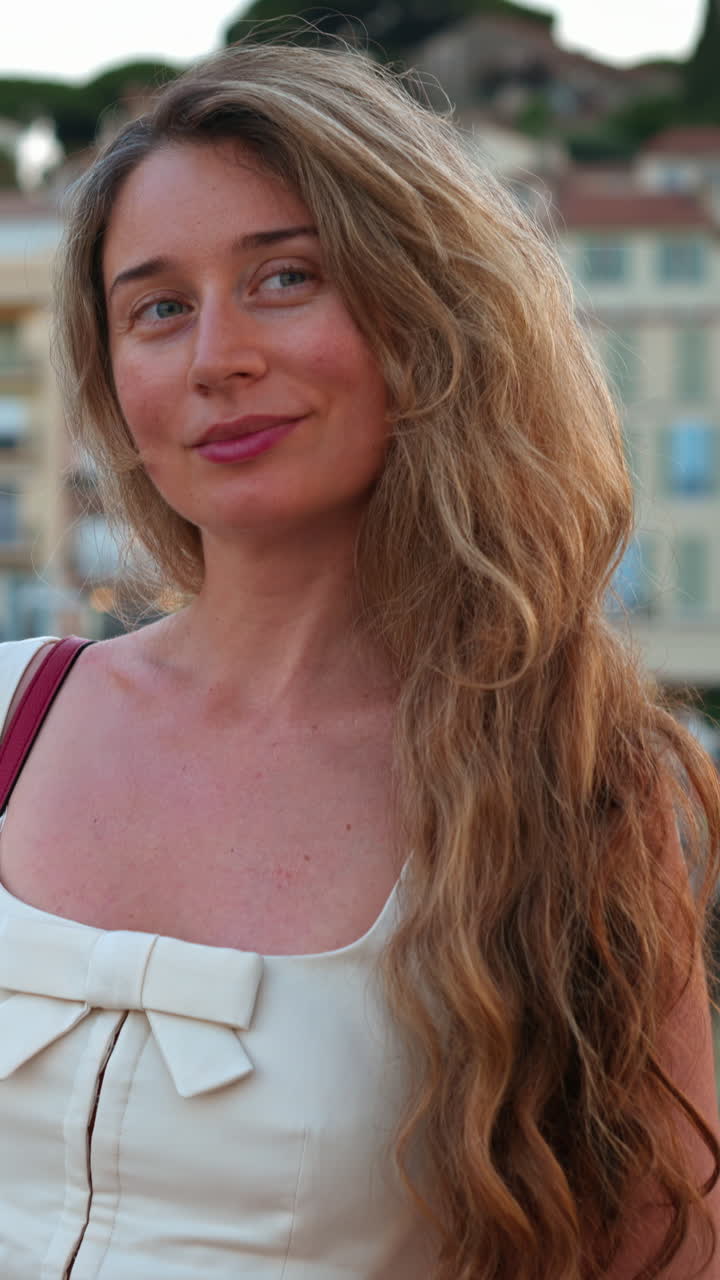 Kvinde poserer foran både, der ligger til kaj i Port de Cannes, Frankrig. Lodret