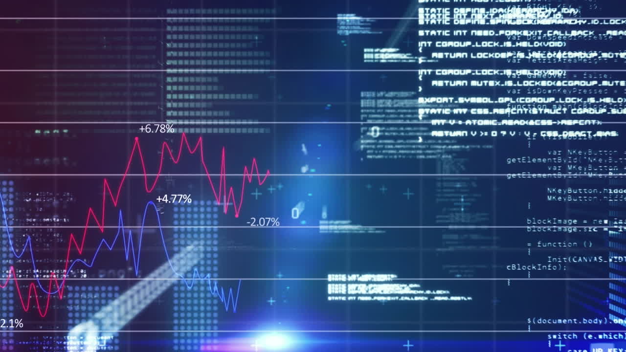 Animation of binary coding and financial data processing over grid on dark background