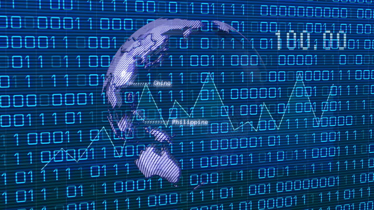 Binary code and globe with financial data animation over blue digital background