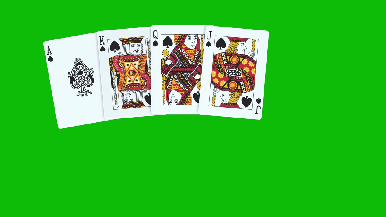 A poker hand consisting of Royal Flush Spades, with cards thrown one by one on green screen 3D animation, animated poker cards, dealing poker cards animation