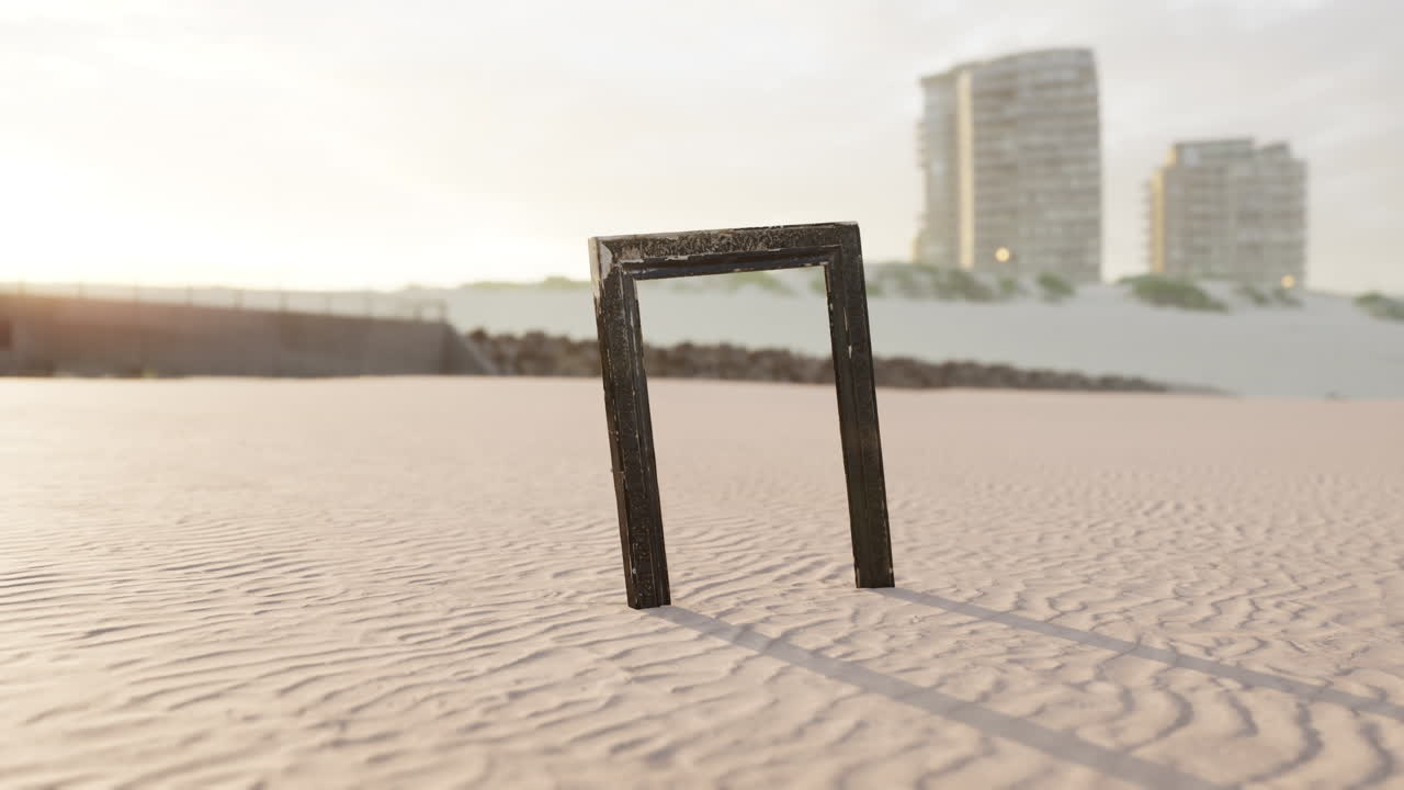 해변의 모래에 빈 나무 그림 프레임