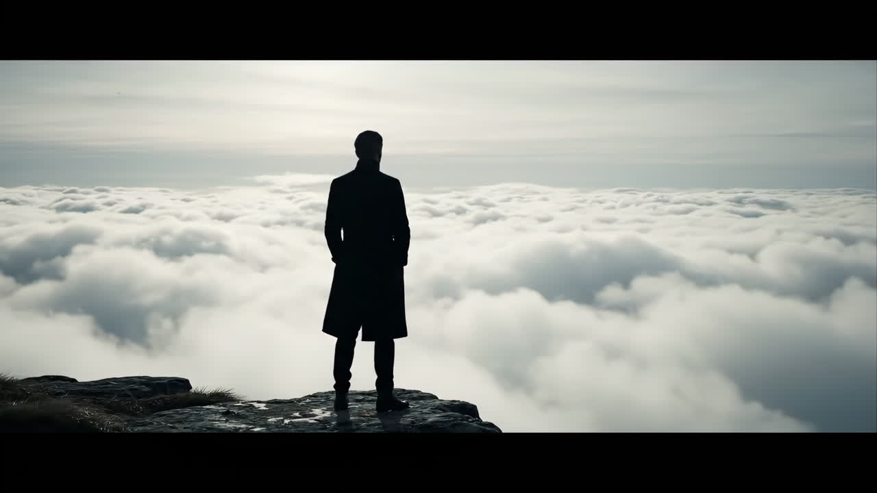 Silhouette of a Man on a Cliff Above the Clouds