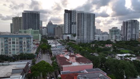 aerial view of a bustling cityscape with tall buildings and tree-lined streets under a cloudy sky