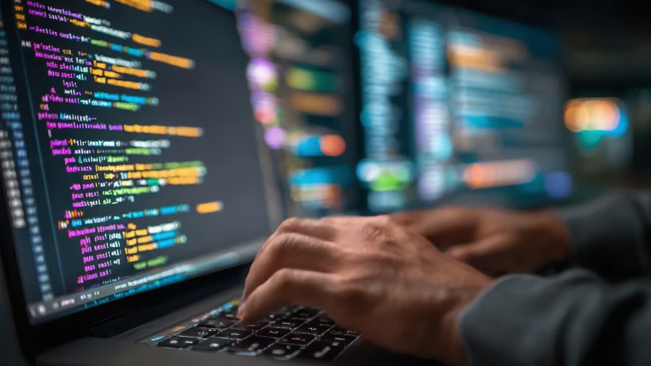 A programmer’s workspace showcases vibrant code on multiple screens, highlighting the intricate artistry and precision of digital development in an immersive environment
