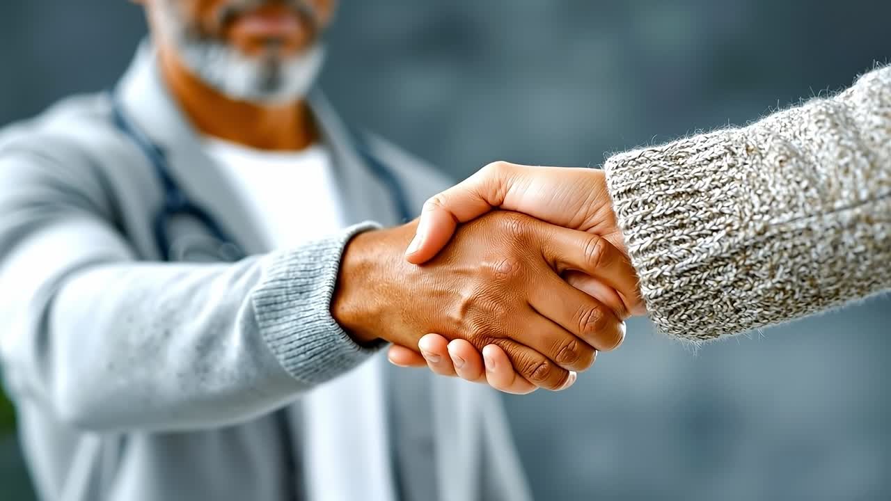 A man and woman shaking hands in front of a doctor